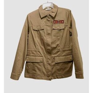 Orvis Canvas Jacket Women's M Khaki/Tan Aztec Trim Pocket Adjustable Waist Chore